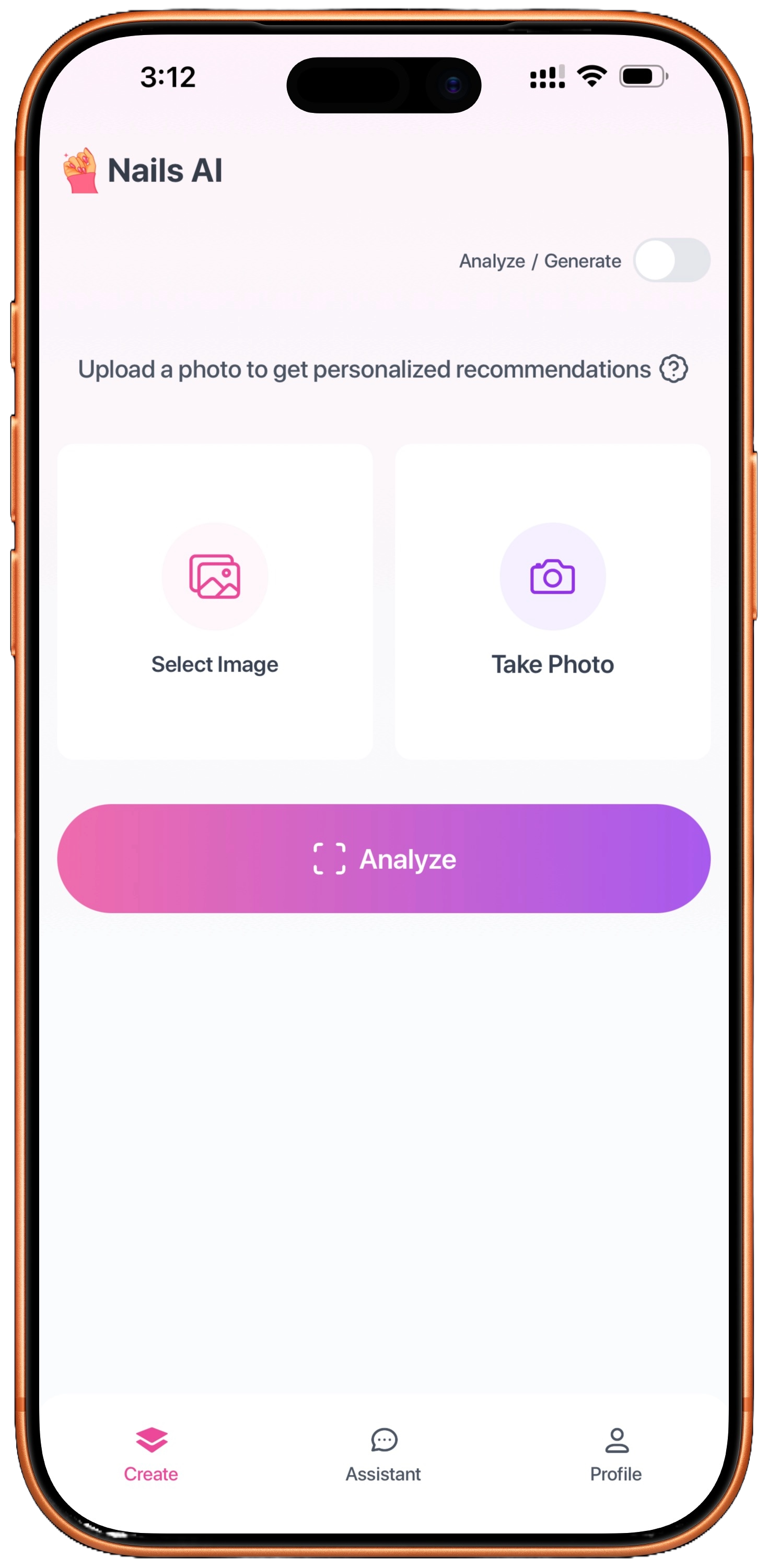 Nails AI app home screen featuring design generation, nail analysis, and AI assistant tools for personalized manicure planning