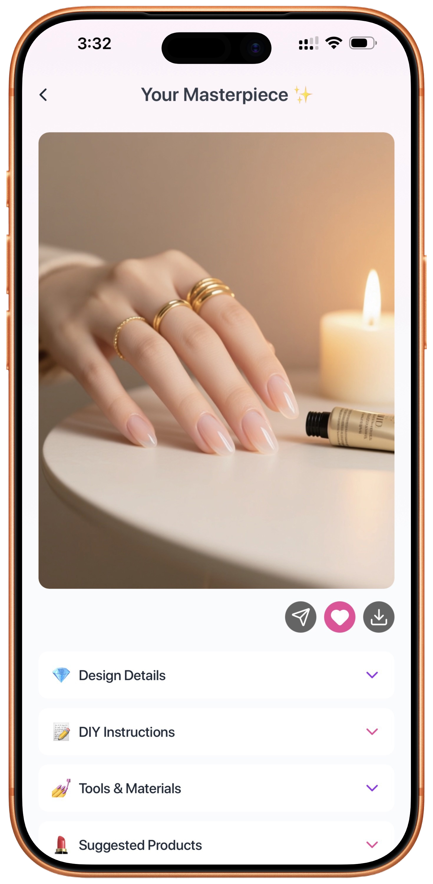 AI nail design generator creating custom manicure patterns with step-by-step DIY instructions and product recommendations