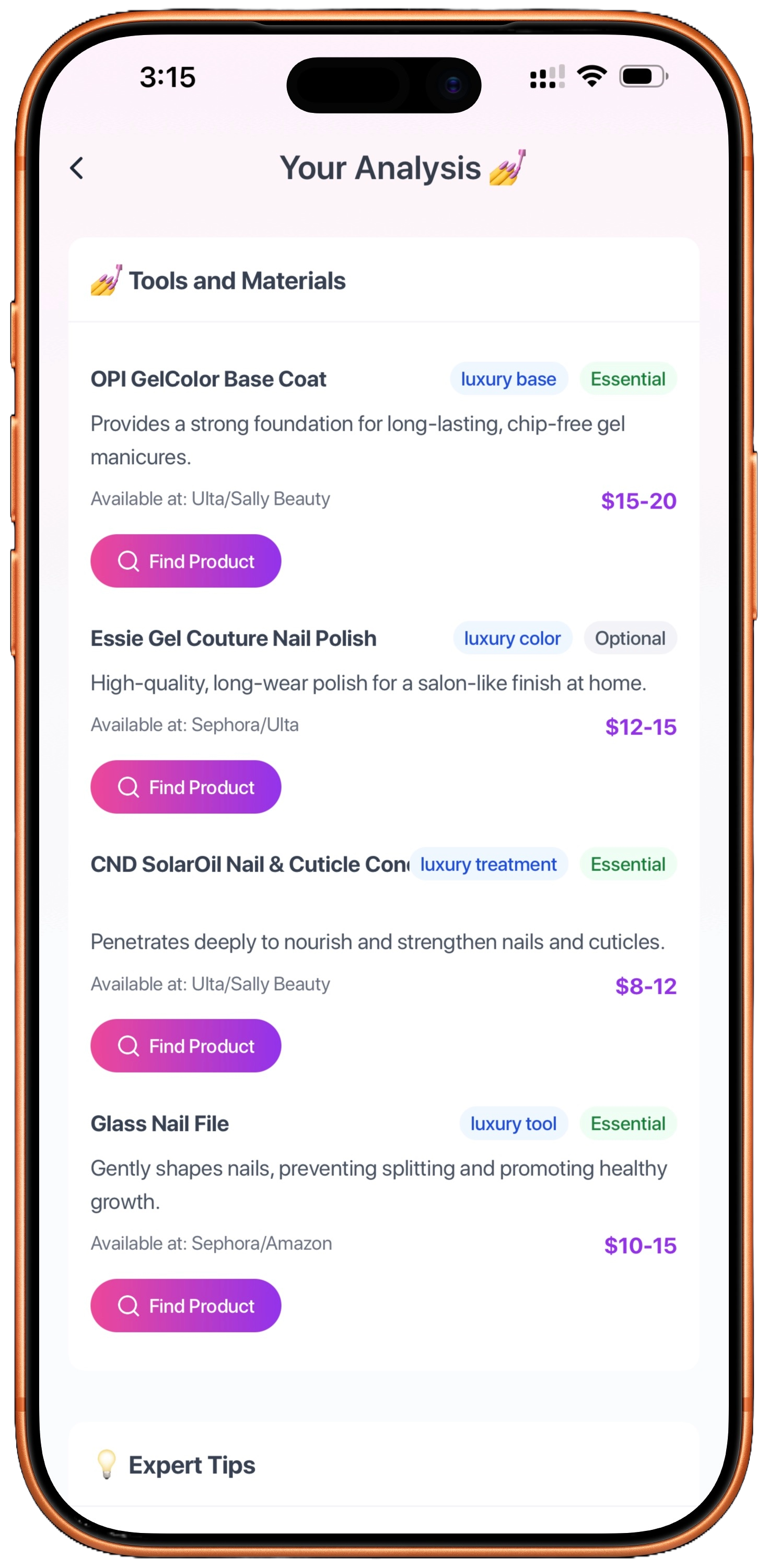 Hand and nail analysis feature using AI to identify optimal nail shapes, lengths, and colors based on skin tone and proportions