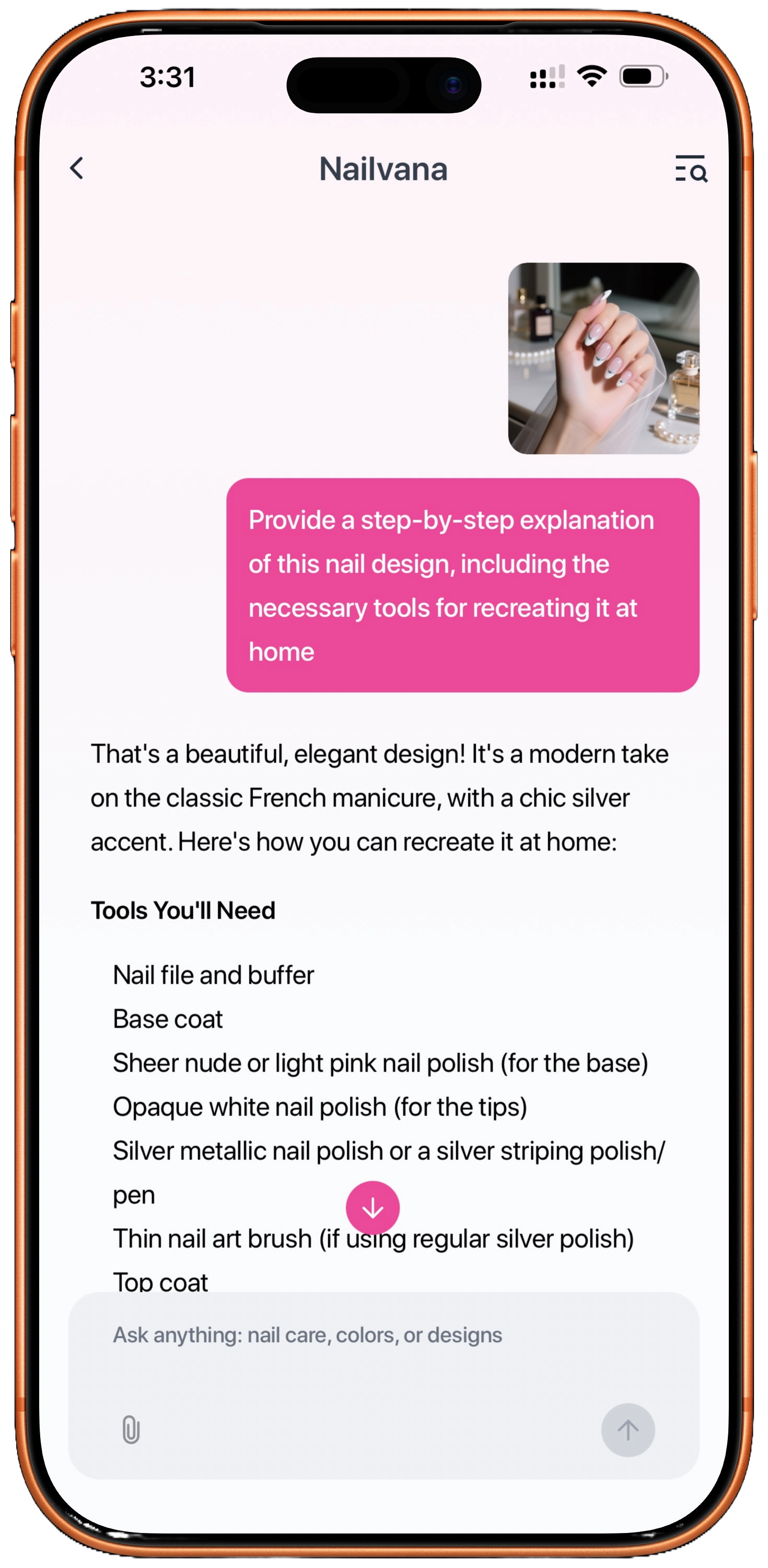 Nailvana AI chatbot assistant answering nail care questions with expert advice on trends, techniques, and product recommendations